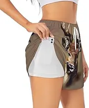 [WURTON] Deer Head Printing Print Exercise Gym Workout Shorts Women's Athletic Shorts Dual-Layered Yoga Running Shorts