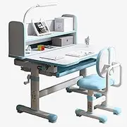 Functional Kids Study Desk and Chair Set, Height Adjustable Ergonomic Children School Study Desk with Tilt Desktop, Workstation Writing Table with Book Stand, LED Light, Storage Drawer (Blue 80cm)