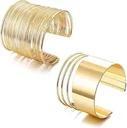 [Kakonia] 2 Pcs Cuff Bangle Bracelet Set for Women Open Wide Wire Bracelets Adjustable Gold Sliver-Tone Plated