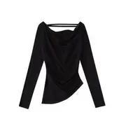 Long Sleeve Cold-Shoulder Plain T-Shirt Black - S