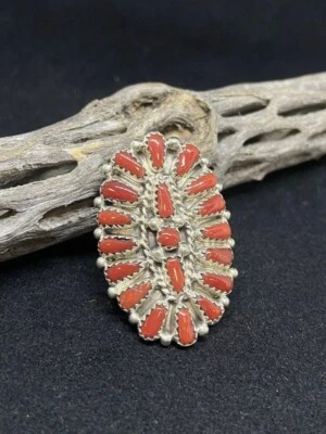 Native American Zuni Ox Blood Coral Sterling Silver Ring Size 9
