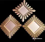 3pc Sunburst Atomic MCM Sputnik Style Mirror Set Wall Art Decor Gold Finish