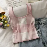 Printed Heart Plaid Knit Tank Top Pink - One Size