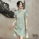 初色 中式旗袍繡花復古短袖立領清涼感A字中長裙連身裙洋裝-綠色-68853(M-XL可選)