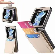 For Samsung Galaxy Z Flip 5 Case Wallet Shockproof Case Flip Bumper with Ringholder Card Slots Hidden Kickstand Anti-Drop Protective Back Case for Samsung Z Flip 5, Khaki