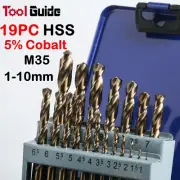 19 PC HSS Drill Bit Set M35 5% Cobalt, 1-10mm Quality Heavy Duty Bit, Metal Case