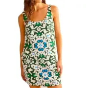 Boden Woven Trekking Green Scoop Neck Sleeveless Shift Floral Mini Dress US 6