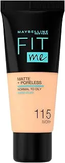 Maybelline Fit Me Foundation, Medium Coverage, Blendable With a Matte and Poreless Finish, For Normal to Oily Skin, Shade: 115 Ivory, 30ml
