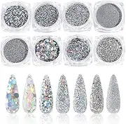 8 Boxes Holographic Nail Art Sequins Glitter Set Beauties Factory Silver Nails Fine Powder Metallic Glitters Shining Flakes Stars Round Kit Decoration UV Gel Acrylic Manicure