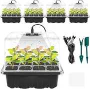 Fxvhojq 5Pcs Seed Starter Tray with Grow Light Plant Germination Starter Kit with Adjustable Brightness and Humidity Timing Seed Starter Kit Plant Germination Trays for Seed Growing (Black)