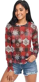 [RPLIFE] Snowflakes Red Black Checkered Mesh Top Women Long Sleeve, See Through Tops for Women S-XXL