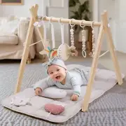Wooden Play Gym with Beige Mat, Foldable Baby Play Gym, Infant Activity Mat w...