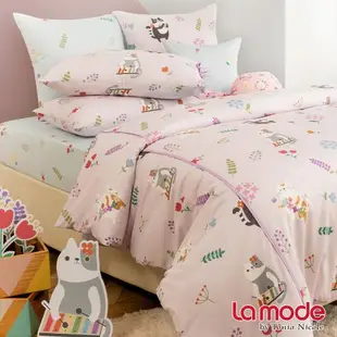 【La mode寢飾 】花貓DoReMi環保印染100%精梳棉兩用被床包組(單人)