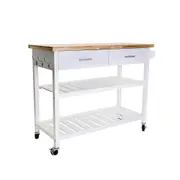 Kitchen Trolley 2 Drawers & Shelves Solid Wood Top Swivel Wheels White 3 Hooks