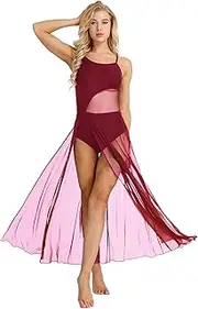 [Sxiwei] Women's Lyrical Dance Dress Asymmetrical Side Split Mesh Maxi Skirt Bodysuit Leotard
