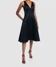 $445 Aidan Mattox Women's Blue V-Neck Sleeveless Mikado A-Line Dress Size 14