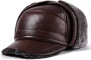 KJIASDFE Winter Bomber Hat Men Brown Leather Cap with Ear Flaps Warm Cow Leather Baseball Cap,D-XXL