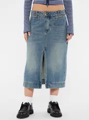 GUESS ORIGINALS Blue Denim Midi Skirt Size: 29, Cotton