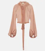 [Blumarine] Blumarine Feather-trimmed silk blouse AU 8 pink