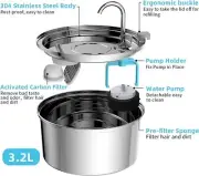 Stainless Steel Pet Cat Drinking Fountain Water 3.2LQuiet Filter Sink Tap Faucet