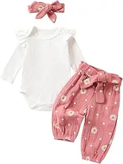 [Yoisdtxc] Infant Baby Girl Clothes White Rib Long Sleeve Frill Romper Daisy Flared Pants Headband Set 3pcs Fall Winter Outfits