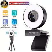 2K HD 1080P Webcam Web Camera Adjustable Ring Light+Tripod Microphone for PC
