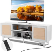 Rattan TV Stand for 75" TV Boho TV Stand with Build-in Socket White