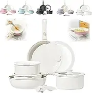 Gourmetific Cookware Set, Gourmetific Ceramic Cookware Set Stackables, 5/15 Piece Nonstick Maifan Cookwares Sets, with Detachable Handle, Easily Clean, for Healthy Cooking (White,15 PCS)