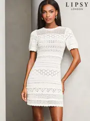 Lipsy Ivory White Crochet Fit and Flare Short Sleeve Summer Mini Dress (589399) | $78