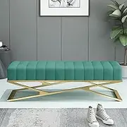 Luxury Plush Bedroom Bench Seat with X-Shaped Metal Base,Decorative Tufted Accent Shoe Bench for Living Room,Modern Velvet Upholstered Entryway Bench-Green 60x38x43cm(24x15x17inch)