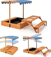 HONEY JOY Kids Wooden Sand Box w/Lid Cover, Outdoor Sand Pit for Children w/Foldable Picnic Sensory Table & Bench, Adjustable Rotatable Canopy, Patio Activity Playset for Toddler Over 3 Years Old