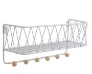 Modern White Wrought Iron Grid Storage Rack Wall-mounted With 6 Hat/Jacket Knobs