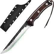 FULLHI Boning Knife with Sheath,Full Tang Kitchen Knife,Carbon Steel Carving and Boning Knife,Fishing Knife for Home,Camping BBQ (Brown, 15.5cm)