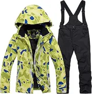 [7HAHA3] Children's Green Camo Snowsuit Waterproof Snowboard Ski Jacket Pants Set Youth Coat Super Warm in Winter