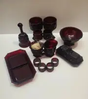 Avon Cape Cod Large Lot 14 Pcs Vtg NEW Ruby Red Goblets Butter Dish Creamer Etc