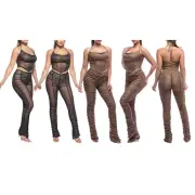 Sheer Mesh Ruched 2-Piece Set – See Through Halter Crop Top + Stacked Pants