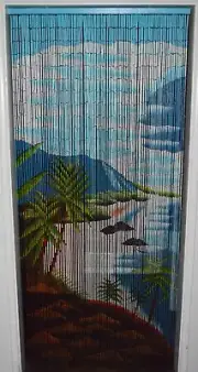 Bamboo Beaded Curtain Mountain Cliffs with palm tree design