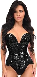 Daisy corsets Womens Top Drawer Steel Boned Black Sequin Plunge Neckline Overbust Corset