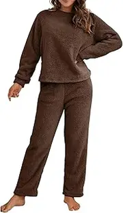 [Beralst] Women's Fleece Pajamas Set Crewneck Pullover Tops Pants Sleepwear