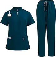 [Meichoon] Scrubs Set for Women Standing Collar Zipper Top with Four Pockets Stretchy Yoga Pants Medical Care Work Uniform Beauty Salon DK50