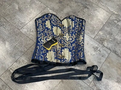 Corset Story Blue Gold Brocade Overbust Uk 14 Cosplay Steampunk Hooks Bow