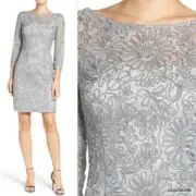 NWT($295) AIDAN MATTOX Size 0 Long sleeve Silver Soutache Lace Sheath Dress