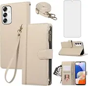 [Asuwish] Phone Case for Samsung Galaxy A14/M14 5G Zipper Wallet Cell Cover with Tempered Glass Screen Protector Crossbody Strap Lanyard Flip Card Holder Leather A 14 4G 14A 14M G5 Women Men Girls Beige