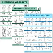 3 Pack Kettlebell Workouts Volume 1 & 2 + Stretching Exercises Poster Set - Set of 3 Workout Charts [LIGHT]