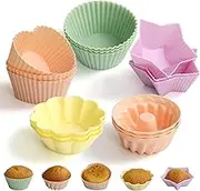 Berglander Reusable Silicone Baking Cups Pack of 15, Heart Flower Star Round Muffin Liners, Multicolor, No Smell, Food Grade & Grease-Proof Baking Cups