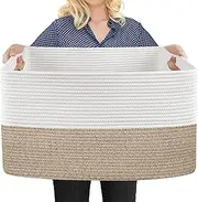 Extra Large Cotton Rope Basket, 23.6/ x 15.7/ x 14.1/ Rectangle Blanket Basket Living Room, Wicker Woven Throw Pillow Storage Soft Kids Dog Toy Bins Organizer Brown