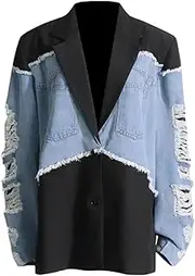 [Zadaos] Women Blazer Denim Stitched Single Breasted Blazer Coat Casual Long Ladies Suit Jacket