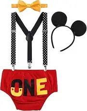 Cake Smash Outfit Baby Boys 1st Birthday Party Costume Newborn Infant Toddler Bloomers Shorts Pants + Adjustable Y Back Suspenders Braces + Bow Tie + Mouse Ears Headband Clothes for Kids Photo Shoot