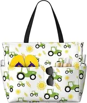 [Ghjkfbf] Tractor Farming Print Large Capacity Beach Travel Bag For Family, Beach Tote Bag For Women With Zipper Pockets, Black, One Size