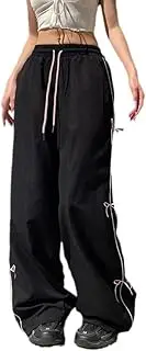 [Sindlloger] Y2K Cute Side Bow Tie Baggy Pants Colorblock Bowknot Patchwork Side Striped Track High Waisted Parachute Pants for Women
